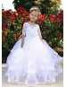 Beaded Neck White Lace Tulle Ruffle Horsehair Hem Flower Girl Dress